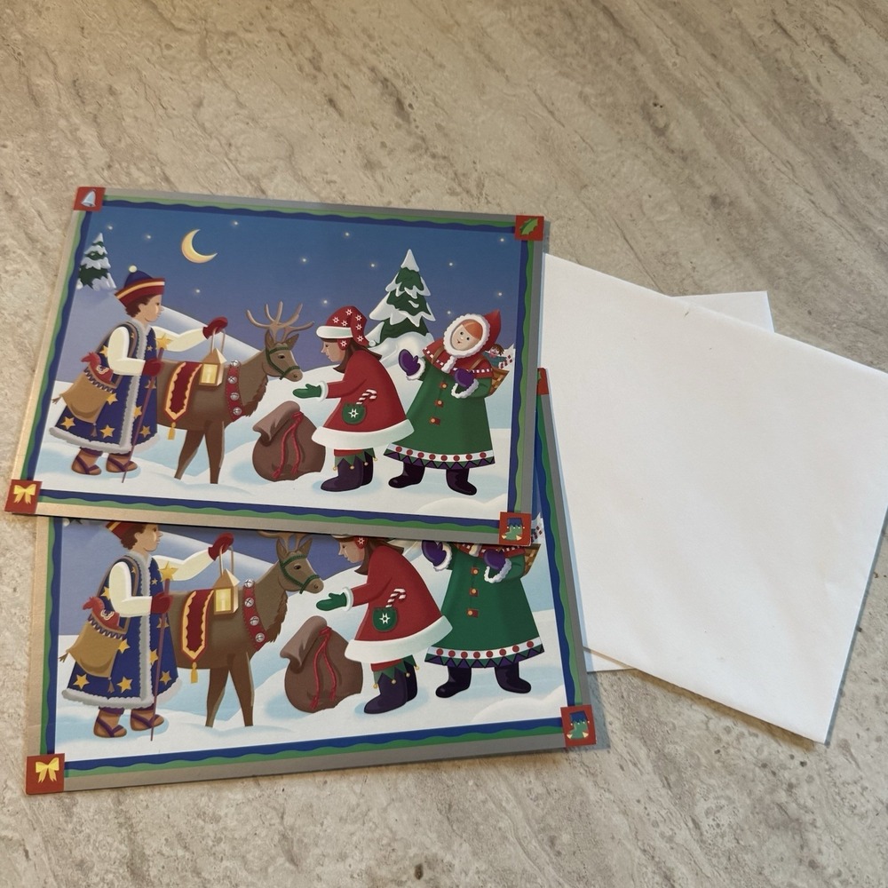 Vintage Christmas Card Pair Folk Art Nordic 2000 Greeting UNUSED + Envelopes